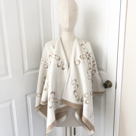 Coach Poncho Wrap Shawl Signature Logo Wool Tan Ivory Taupe Chalk C5104 - Picture 3 of 7